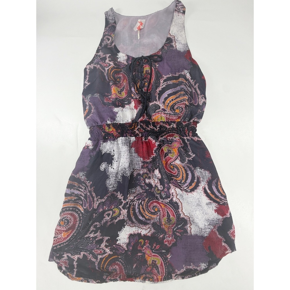 Free People Purple Paisley Smocked Waist Lace Up Mini Dress OB402120 Size Small